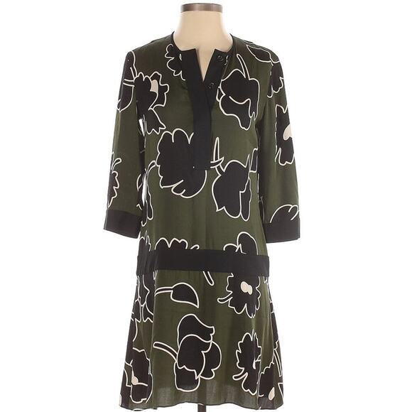 Diane Von Furstenberg Silk Shift Dress Size 4 3/4 Sleeve Floral Print Green - Picture 1 of 9